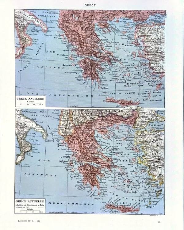 XX31930GREC-R-grece-carte Grèce ancienne et actuelle, deux cartes en couleurs, planche de Demoulin de 1930