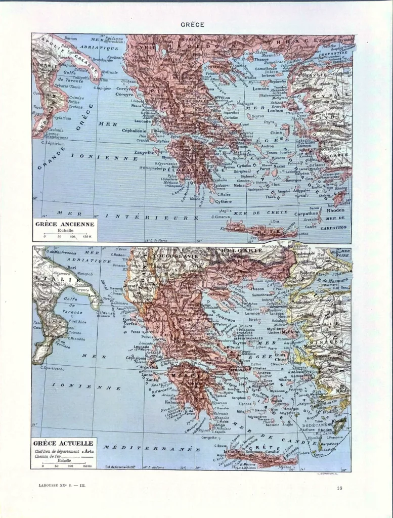 Grèce ancienne et actuelle, deux cartes en couleurs, planche de Demoulin de 1930