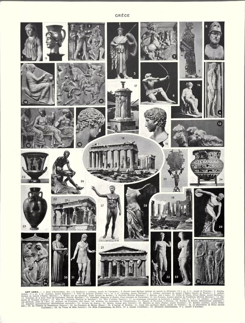 XX31930GREC-V-grece-art Art grec, sculptures, temples et céramiques en noir et blanc, verso de la planche de 1930