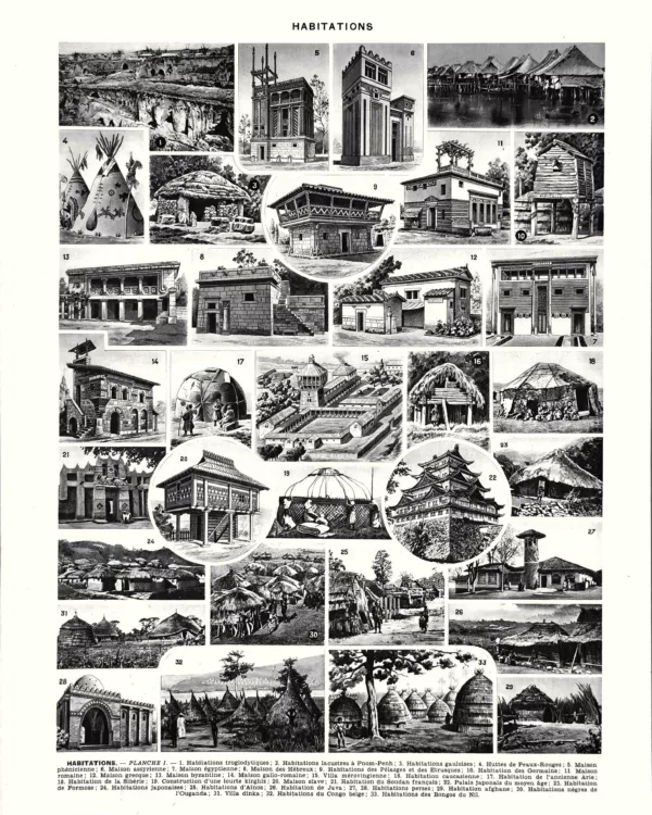XX31930HABI-R-habitations Habitations du monde, maisons anciennes et traditionnelles, planche encyclopédique originale de 1930