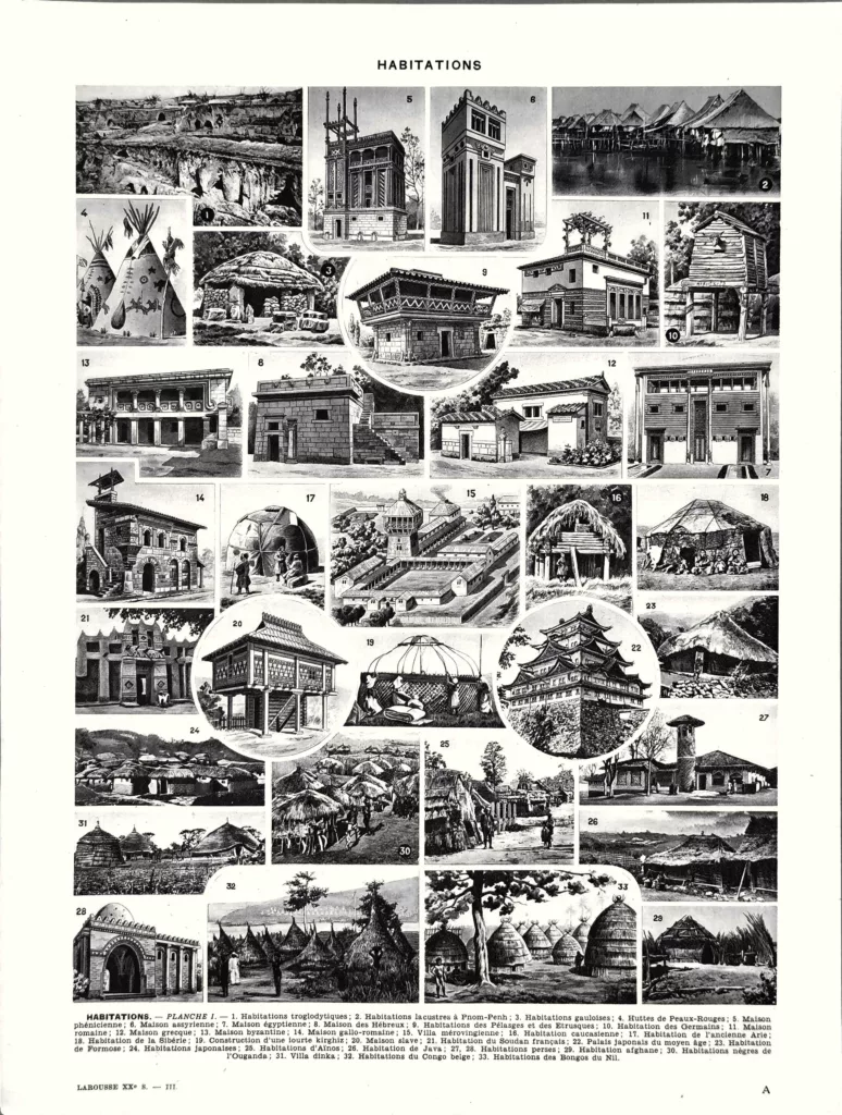 Habitations du monde, maisons anciennes et traditionnelles, planche encyclopédique originale de 1930
