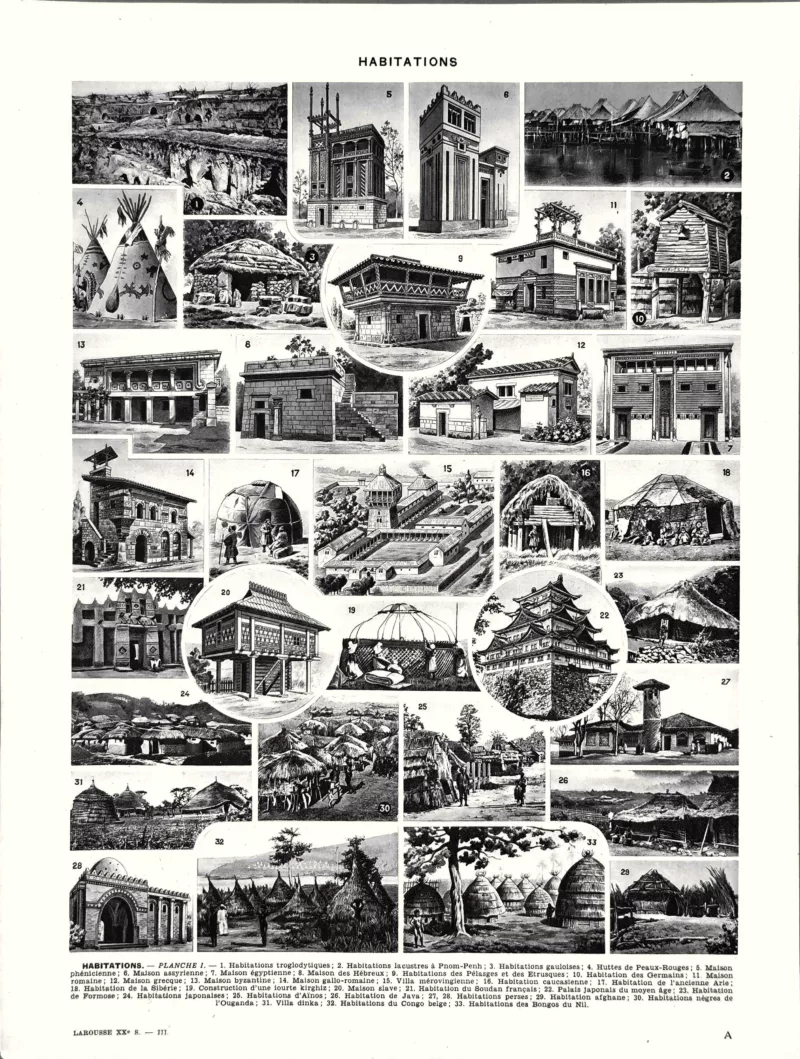 XX31930HABI-R-habitations Habitations du monde, maisons anciennes et traditionnelles, planche encyclopédique originale de 1930