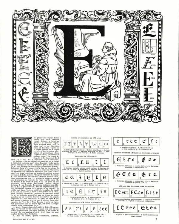 Lettre E, typographie et ornement, planche de Maximilien Vox de 1930