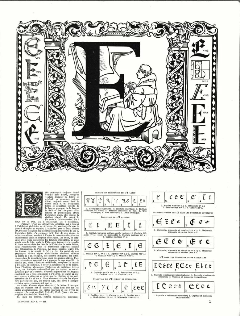 Lettre E, typographie et ornement, planche de Maximilien Vox de 1930