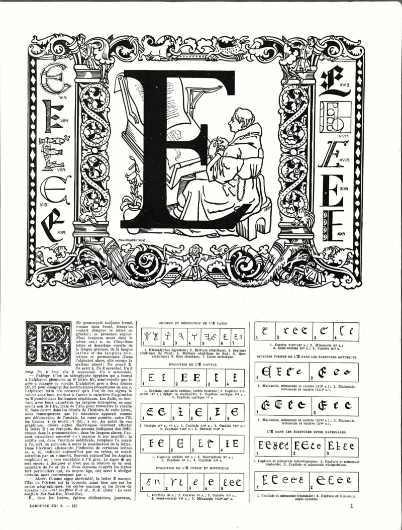 XX31930LETE-R-Lettre-E Lettre E, typographie et ornement, planche de Maximilien Vox de 1930