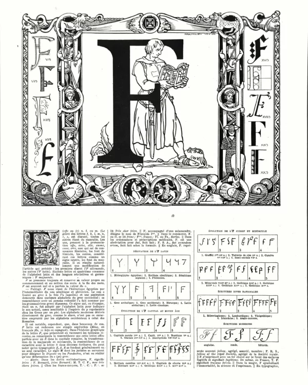 Lettre F, typographie et ornement, planche de Maximilien Vox de 1930