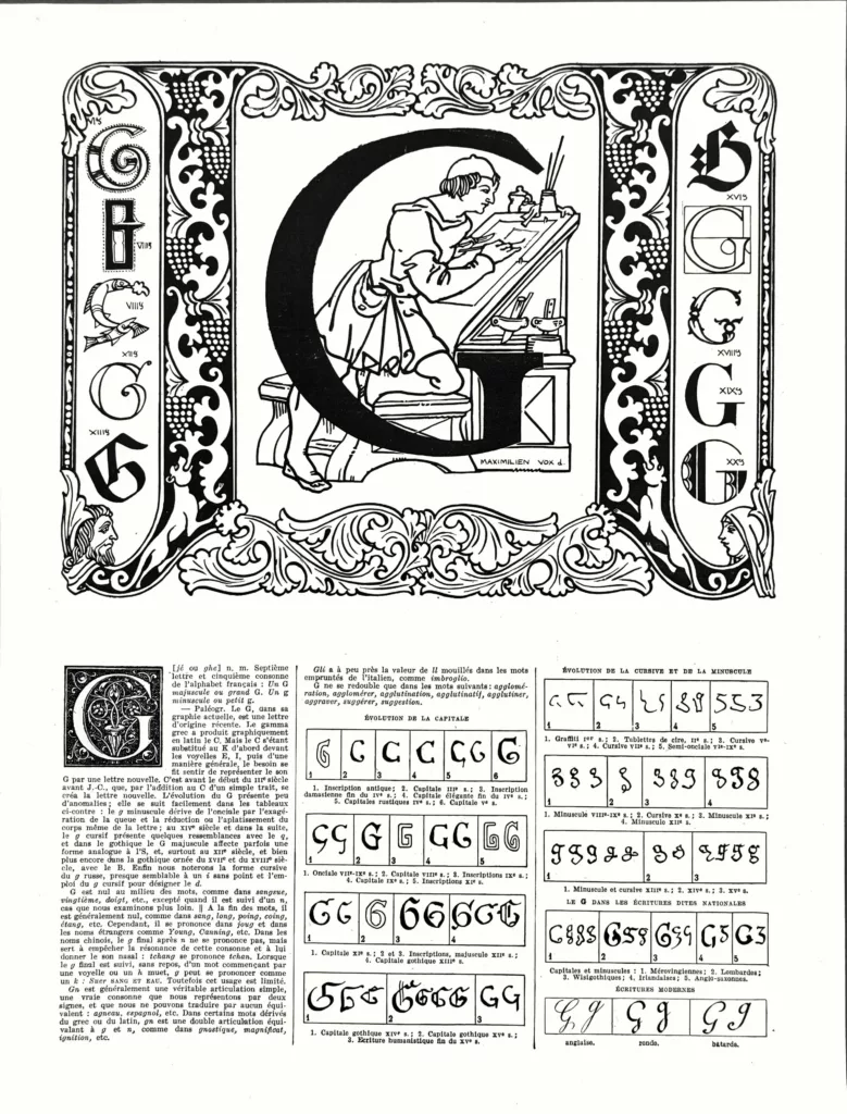 Lettre G, typographie et ornement, planche de Maximilien Vox de 1930