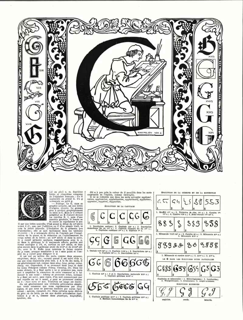 Lettre G, typographie et ornement, planche de Maximilien Vox de 1930