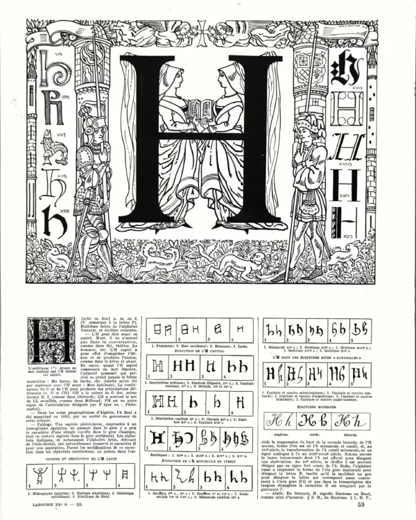 Lettre H, typographie et ornement, planche encyclopédique originale de 1930