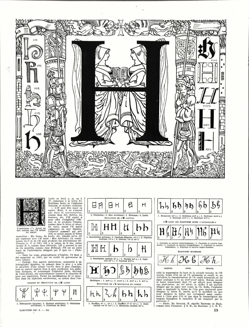 XX31930LETH-R-Lettre-H Lettre H, typographie et ornement, planche encyclopédique originale de 1930