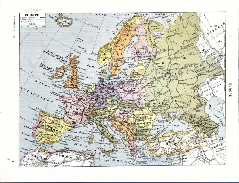 XX31935EURO-R-europe-1935 Europe en 1935, carte politique en couleurs mise à jour, planche encyclopédique originale