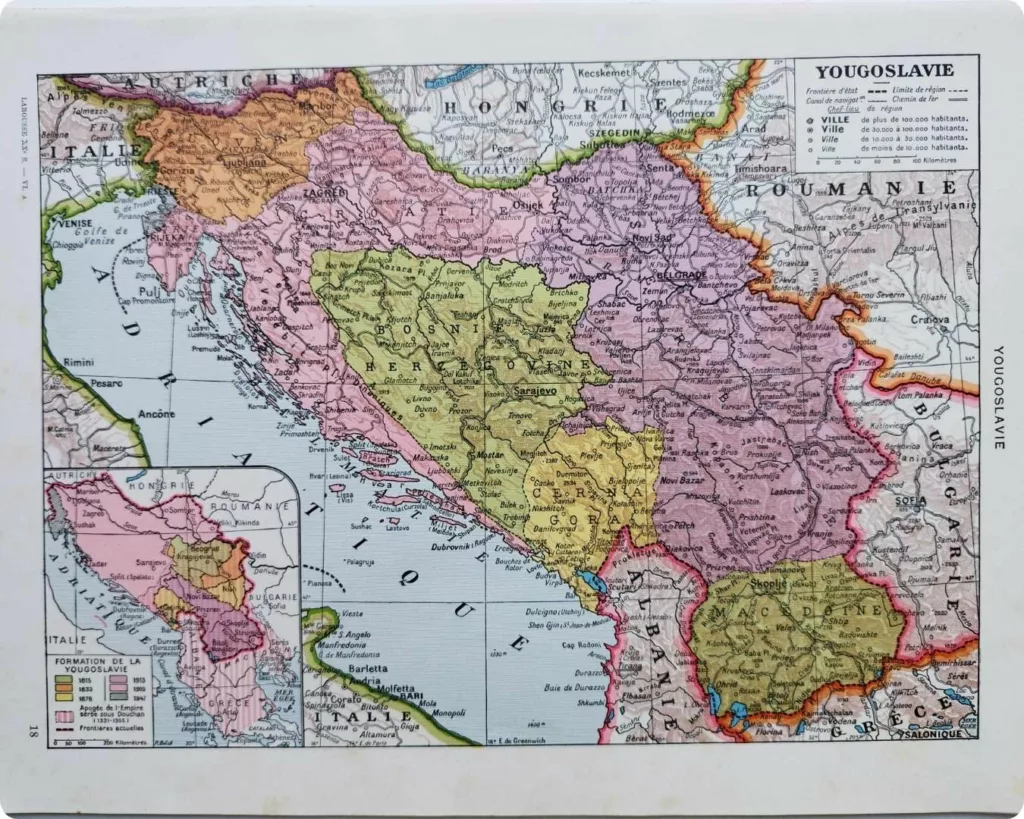 Yougoslavie, carte géographique ancienne, réimpression 1960