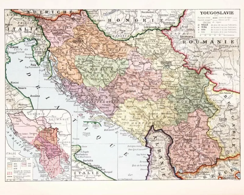 Yougoslavie, carte mise à jour en 1939, planche édition 1930 – planche ancienne entière