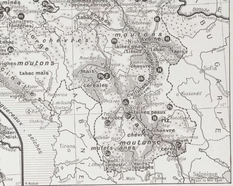 Yougoslavie, carte mise à jour en 1939, planche édition 1930 – verso encadré en décoration murale