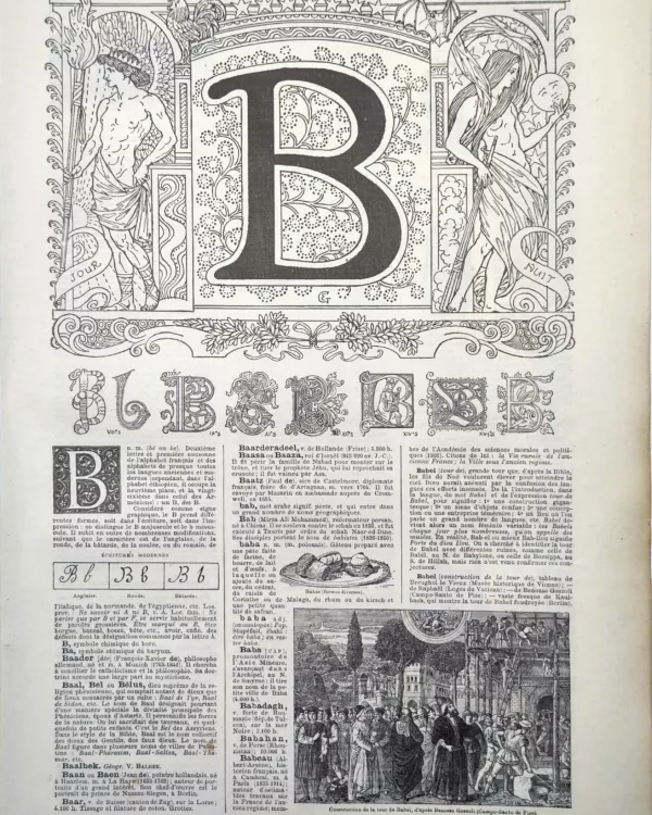 Lettre B décorative avec lettrines et exemples typographiques, planche ancienne de 1922