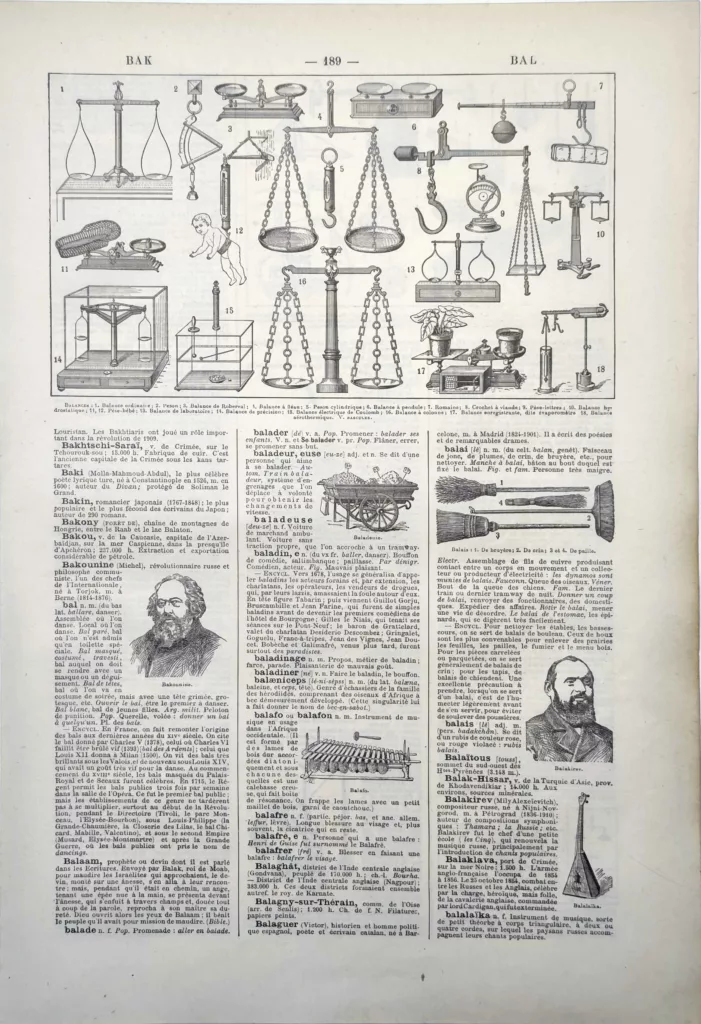 Balances anciennes, pesons et instruments de précision, planche encyclopédique de 1922