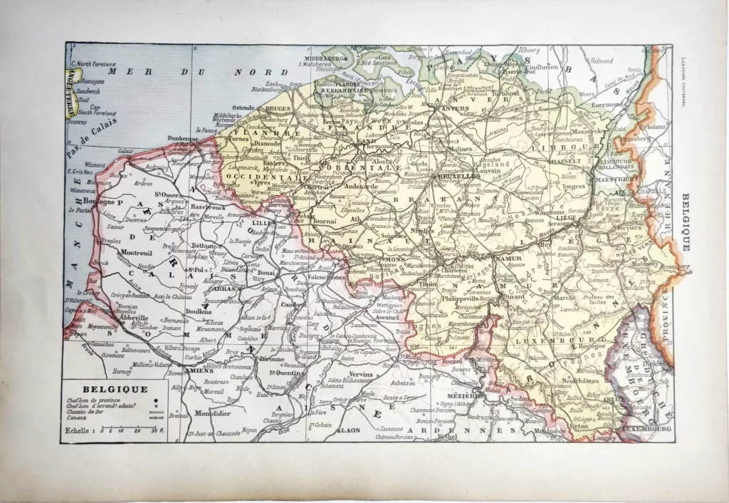 Belgique, carte géographique ancienne en couleurs avec villes et voies ferrées, 1922