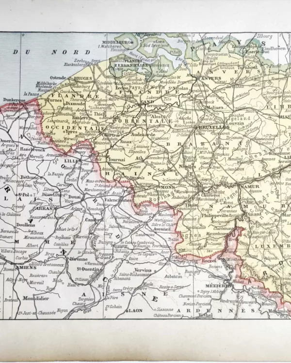 Belgique, carte géographique ancienne en couleurs avec villes et voies ferrées, 1922