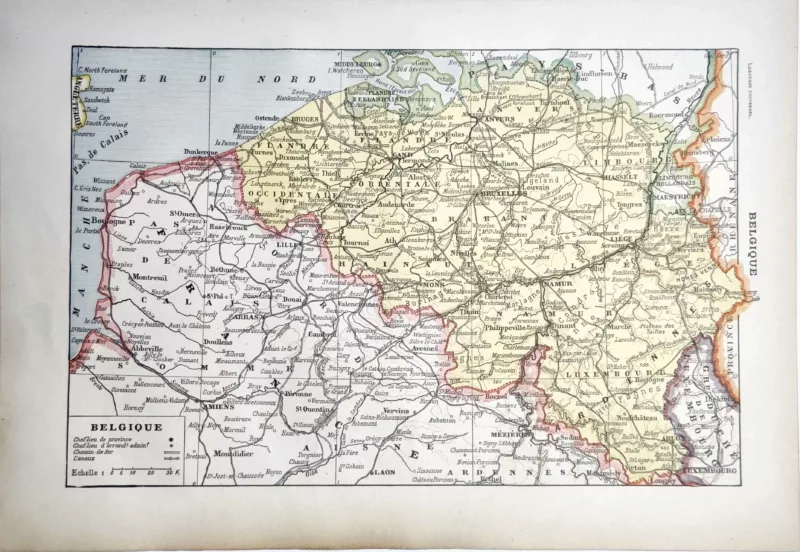LU11922BELG-R-belgique-carte Belgique, carte géographique ancienne en couleurs avec villes et voies ferrées, 1922