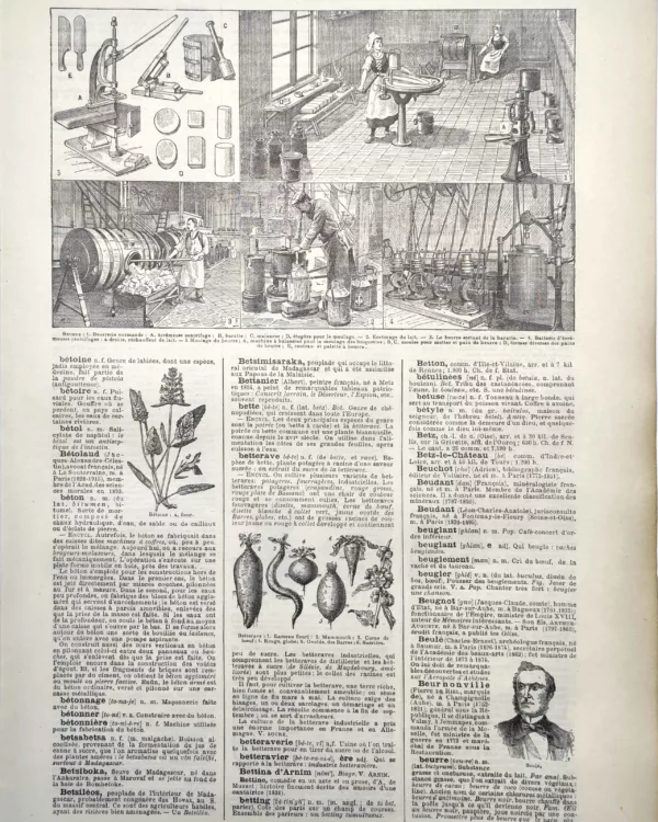 Fabrication du beurre en laiterie avec écrémeuse, baratte et malaxage, planche de 1922