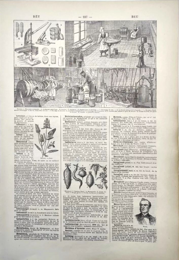 Fabrication du beurre en laiterie avec écrémeuse, baratte et malaxage, planche de 1922