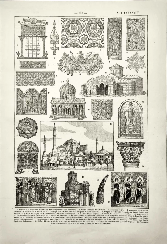 Art byzantin, mosaïques, architecture et objets liturgiques, planche ancienne de 1922