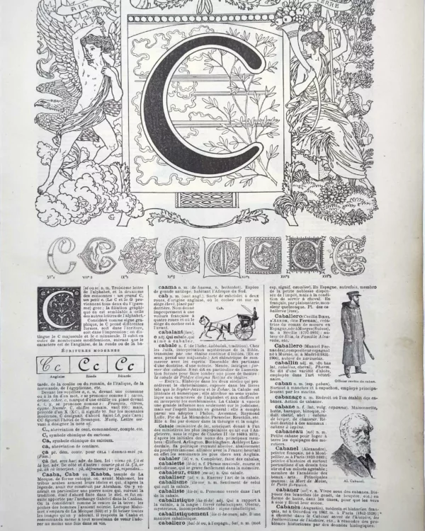 Lettre C décorative avec lettrines anciennes et exemples d’écriture, planche de 1922