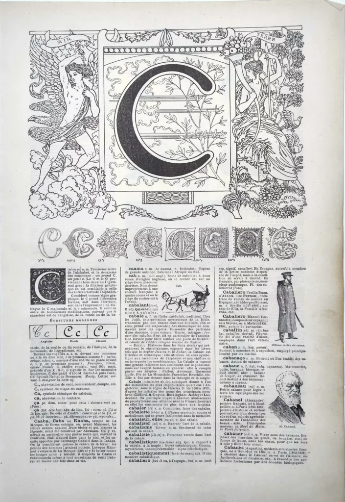 Lettre C décorative avec lettrines anciennes et exemples d’écriture, planche de 1922