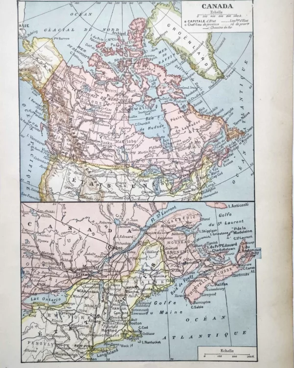 Carte ancienne du Canada en couleurs avec provinces, villes et voies ferrées, 1922