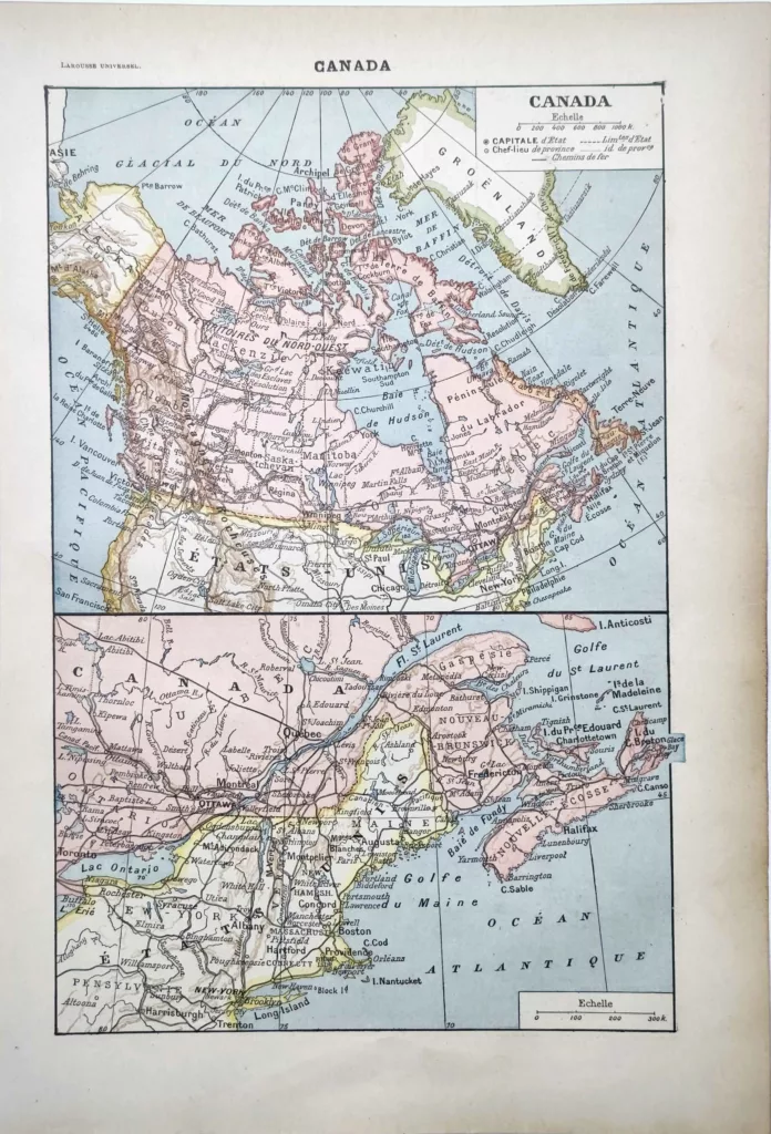 Carte ancienne du Canada en couleurs avec provinces, villes et voies ferrées, 1922