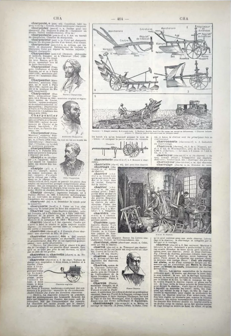 Charrues, mécanismes de labour et machine agricole, planche technique de 1922