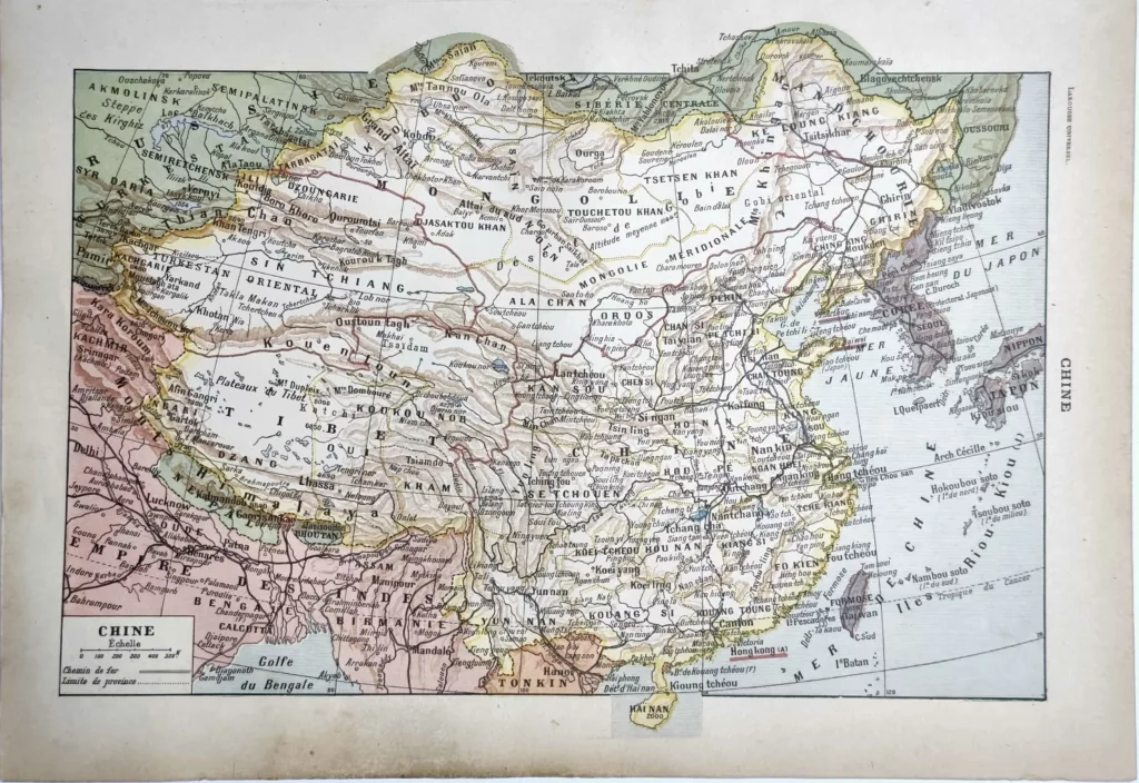 Carte ancienne de la Chine en couleurs avec provinces, villes et reliefs, 1922