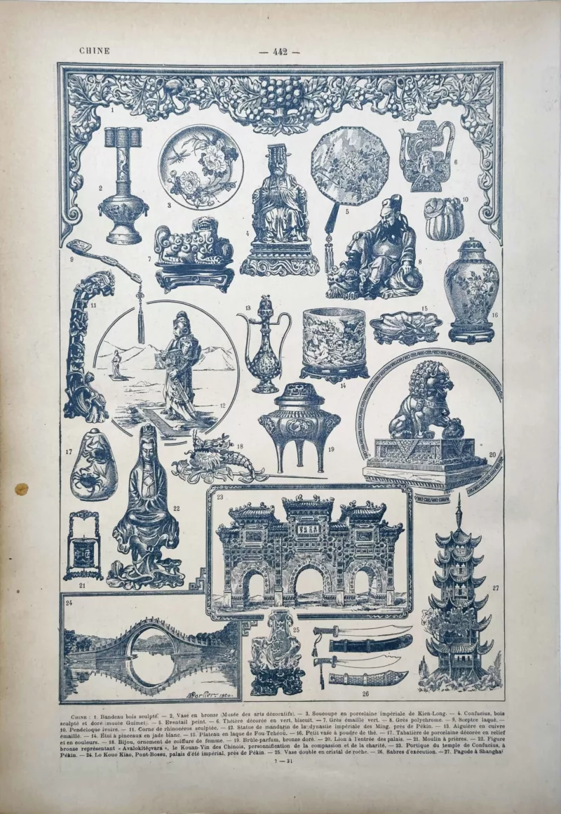 LU11922CHIN-V-chine-art Chine, arts décoratifs, porcelaines, sculptures, pont et pagode, planche de 1922