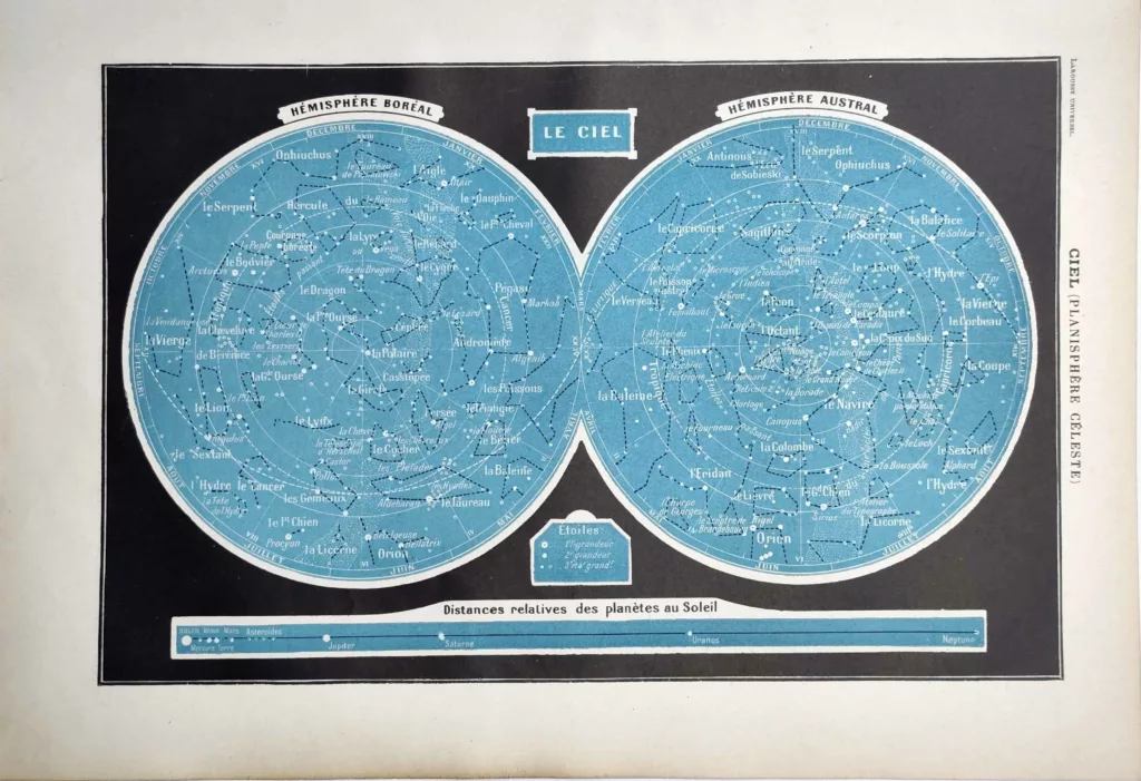 Carte du ciel en bleu avec constellations des hémisphères boréal et austral, 1922