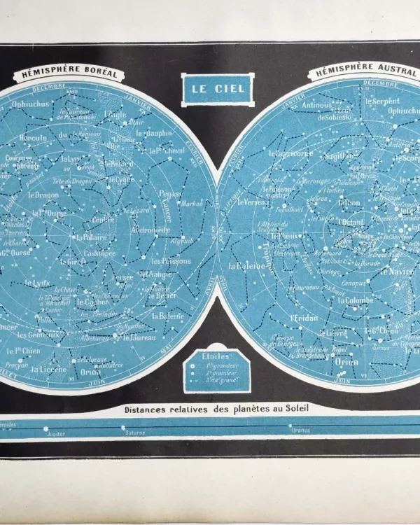 LU11922CIEL-R-ciel-etoiles Carte du ciel en bleu avec constellations des hémisphères boréal et austral, 1922