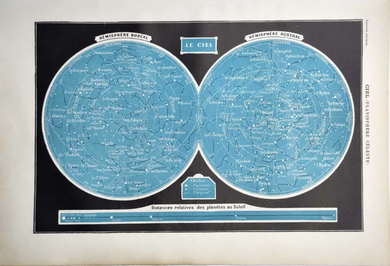 LU11922CIEL-R-ciel-etoiles Carte du ciel en bleu avec constellations des hémisphères boréal et austral, 1922