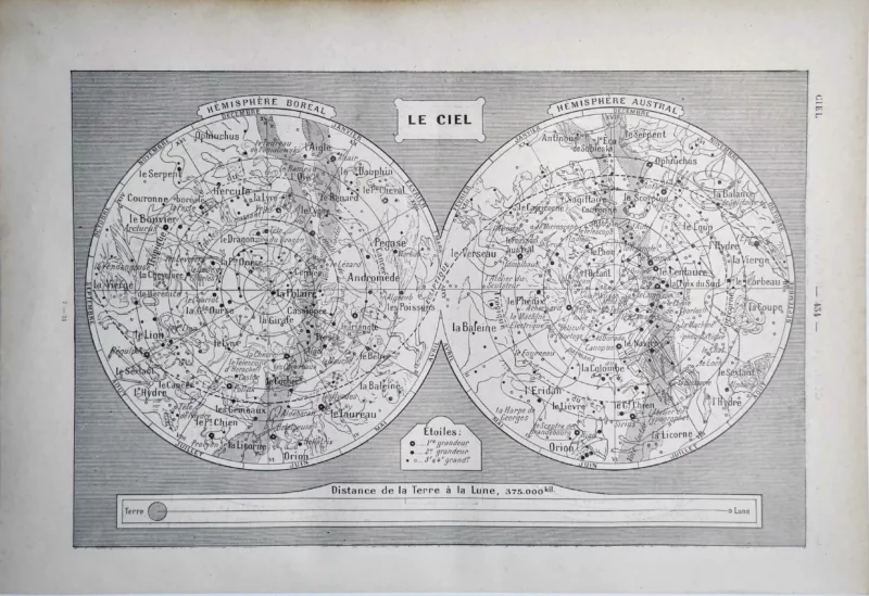 LU11922CIEL-V-ciel-etoiles Carte céleste en noir et blanc avec constellations et étoiles, 1922