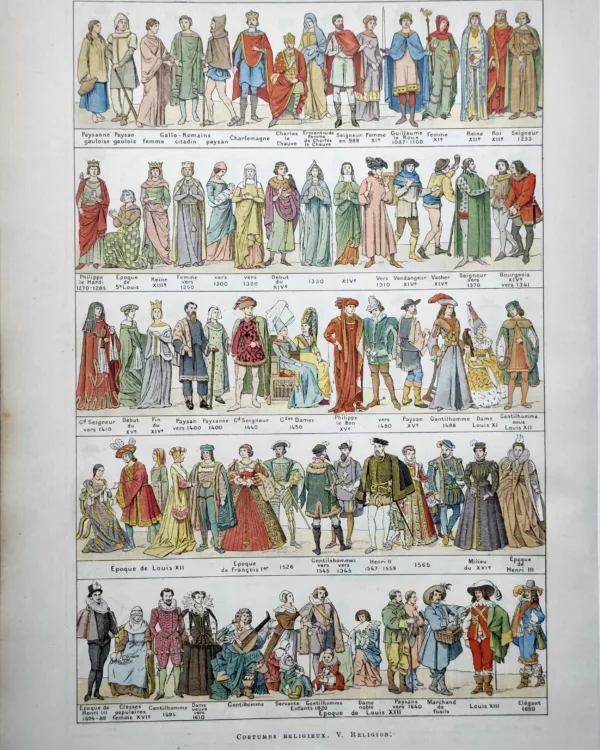LU11922COSM-R-costumes Costumes civils anciens en couleurs du Moyen Âge à Louis XIII, planche de 1922