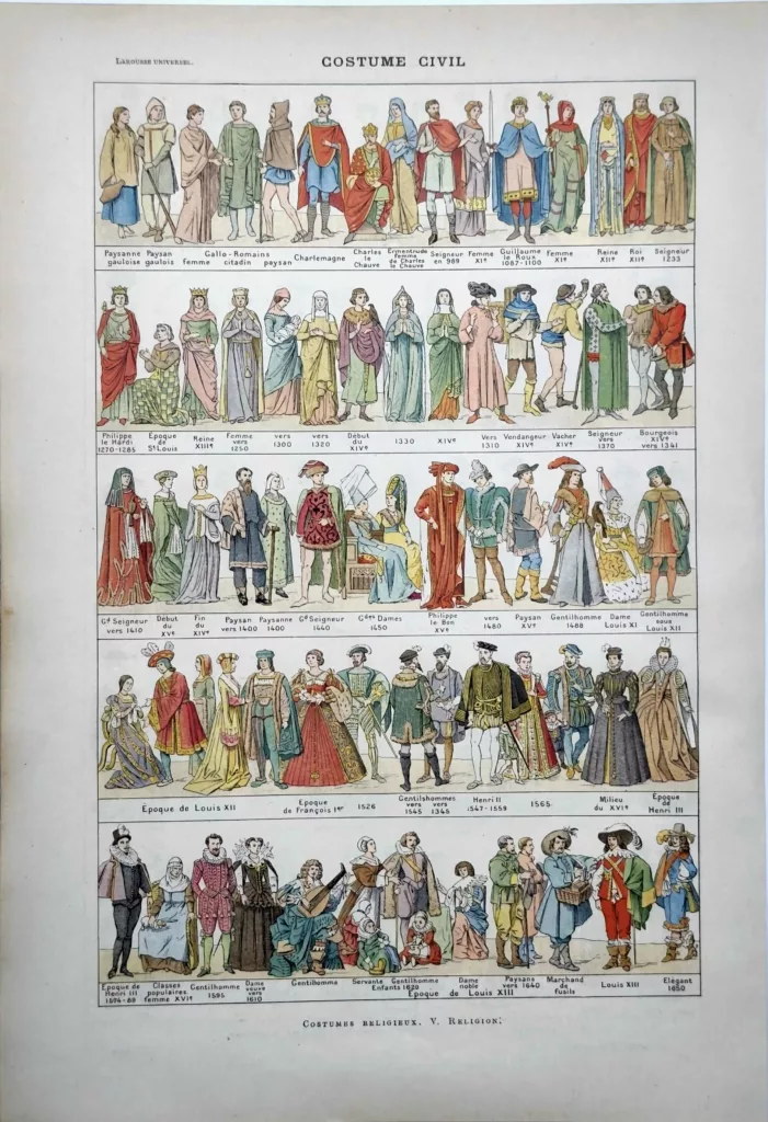 Costumes civils anciens en couleurs du Moyen Âge à Louis XIII, planche de 1922