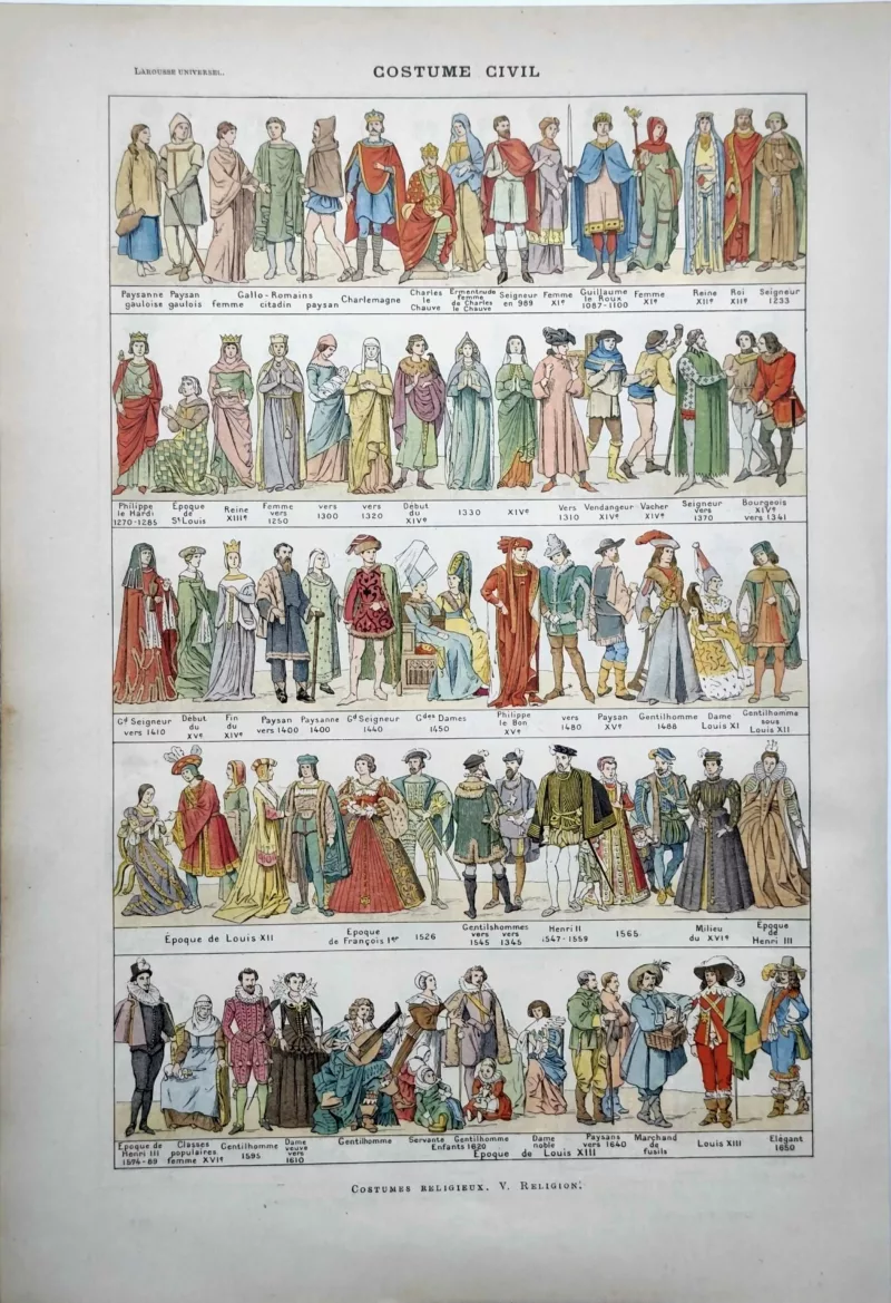 LU11922COSM-R-costumes Costumes civils anciens en couleurs du Moyen Âge à Louis XIII, planche de 1922