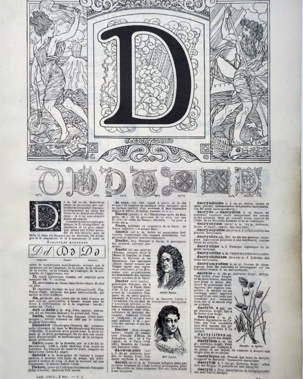 Lettre D décorative avec lettrines anciennes et figures allégoriques, planche de 1922