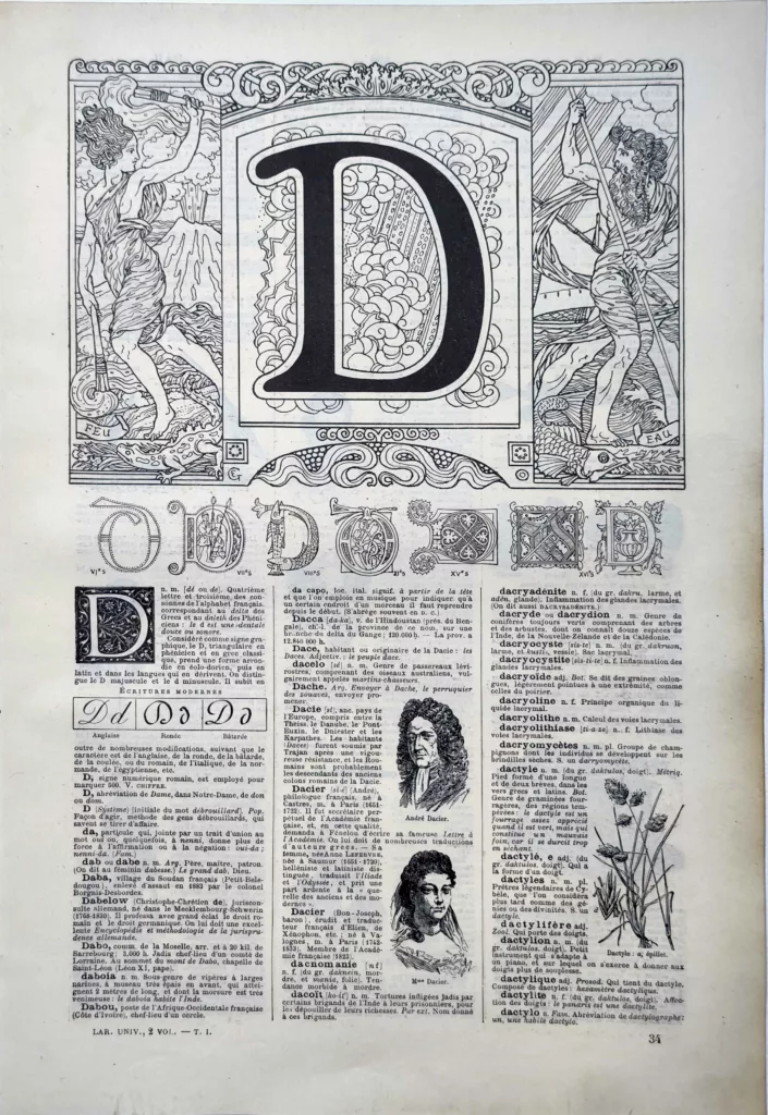 Lettre D décorative avec lettrines anciennes et figures allégoriques, planche de 1922