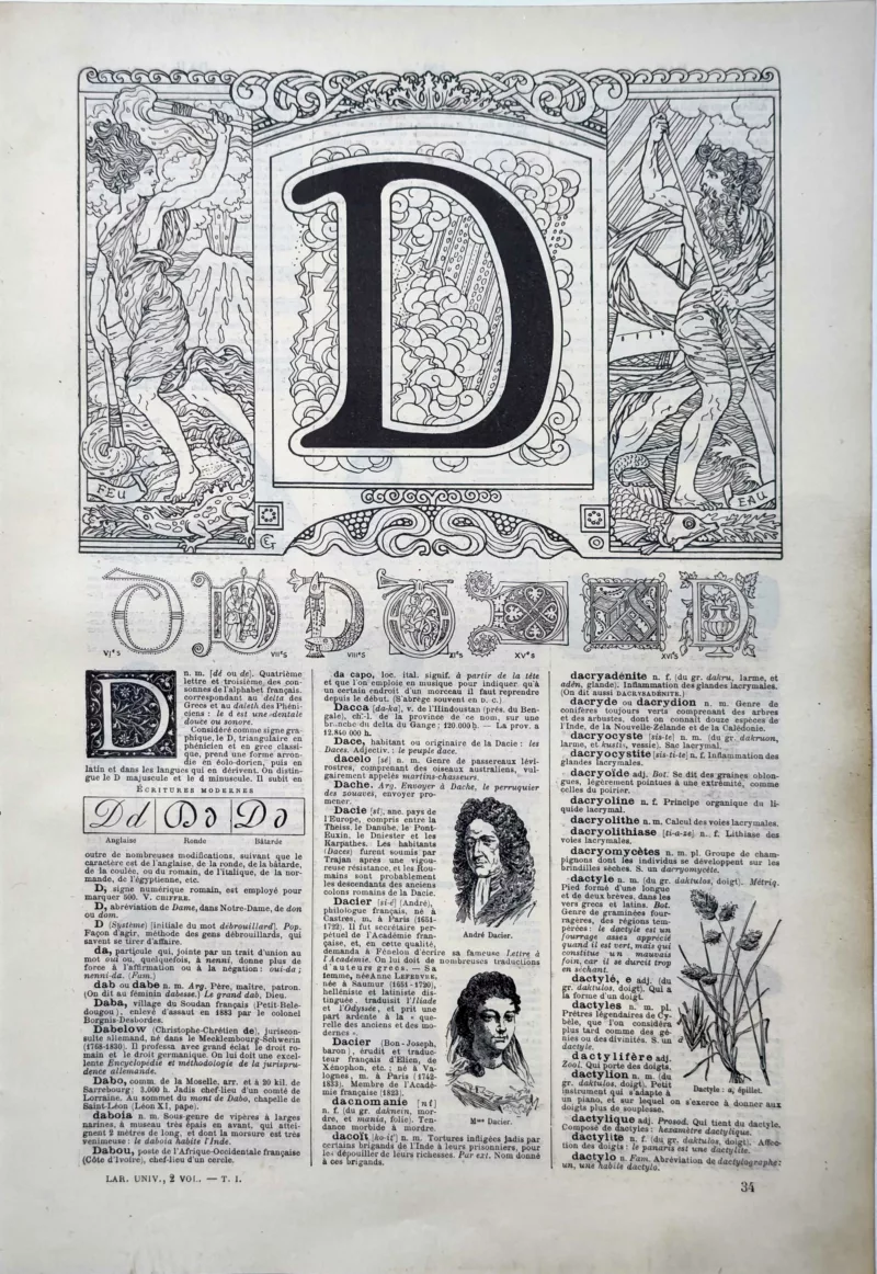 LU11922D000-R-Lettre-D Lettre D décorative avec lettrines anciennes et figures allégoriques, planche de 1922