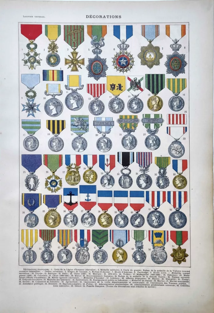 Décorations françaises, médailles et rubans en couleurs, planche ancienne de 1922
