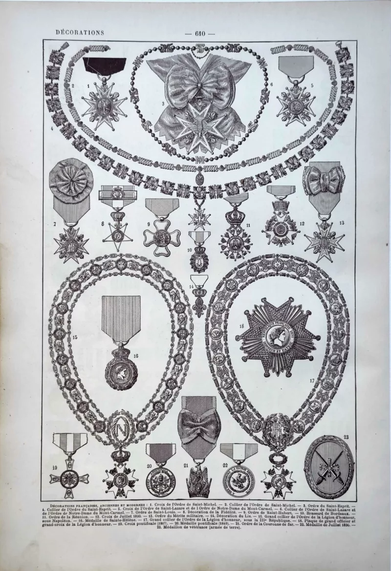 LU11922DECO-V-decorations Ordres, colliers et décorations françaises en noir et blanc, planche ancienne de 1922