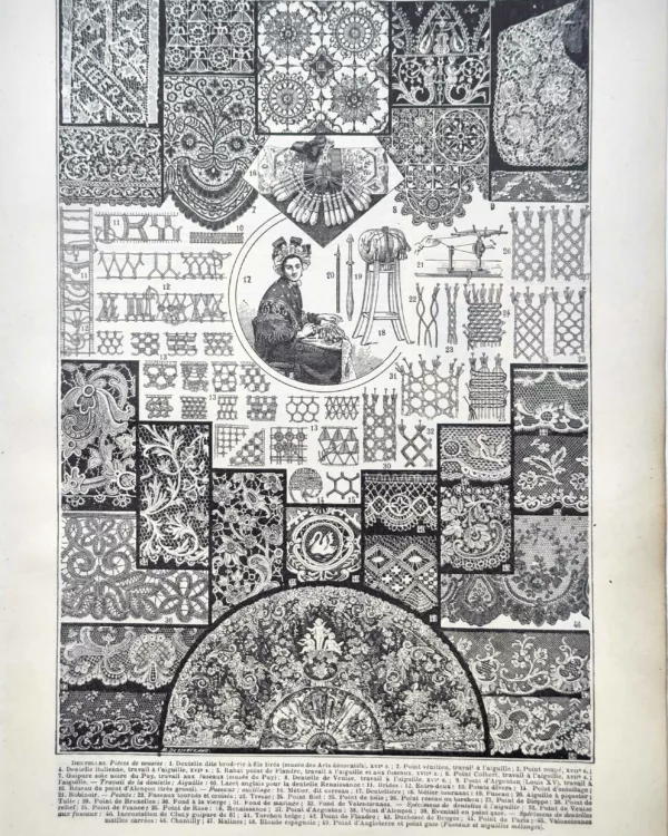 LU11922DENT-R-dentelles Dentelles, motifs, points et travail de la dentellière, planche ancienne de 1922