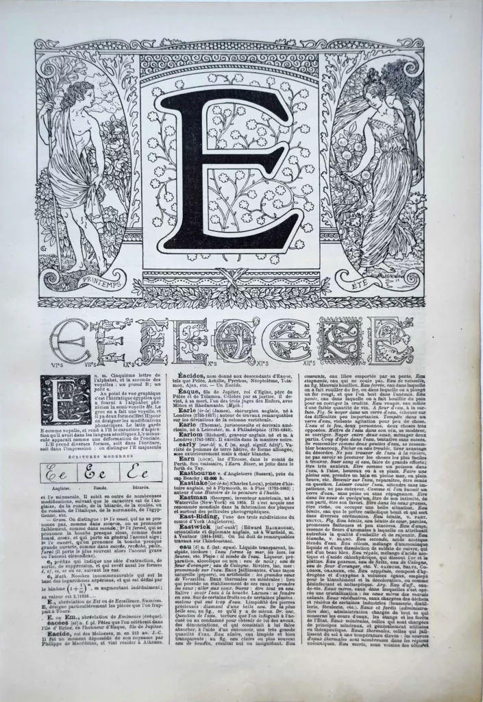 Lettre E décorative, alphabets anciens et modèles d’écriture, page de 1922