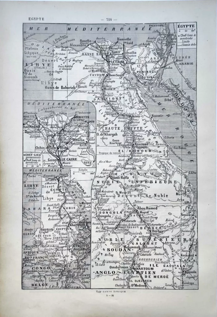Carte ancienne de l’Égypte et de la vallée du Nil, 1922