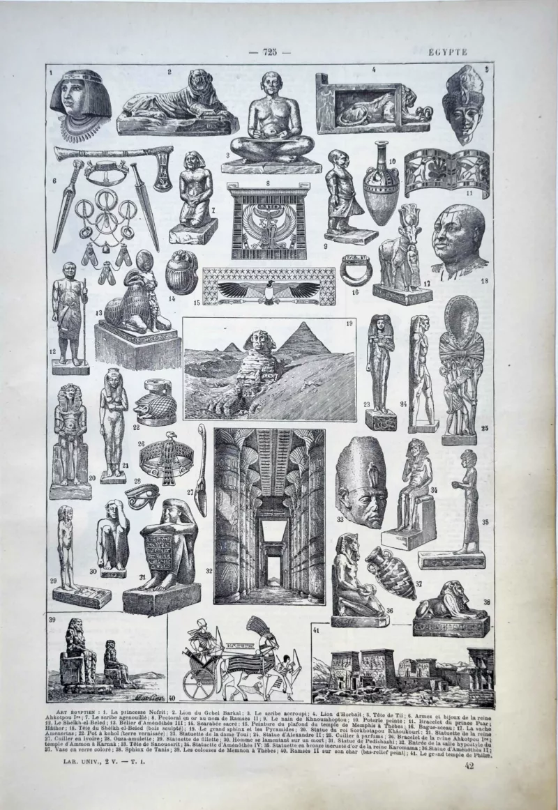 Art égyptien, statues, sphinx, monuments et objets antiques, planche de 1922