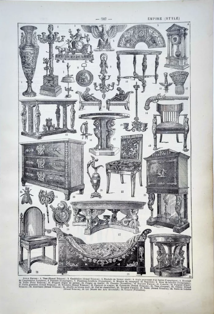 Style Empire, mobilier, pendules et arts décoratifs, planche ancienne de 1922